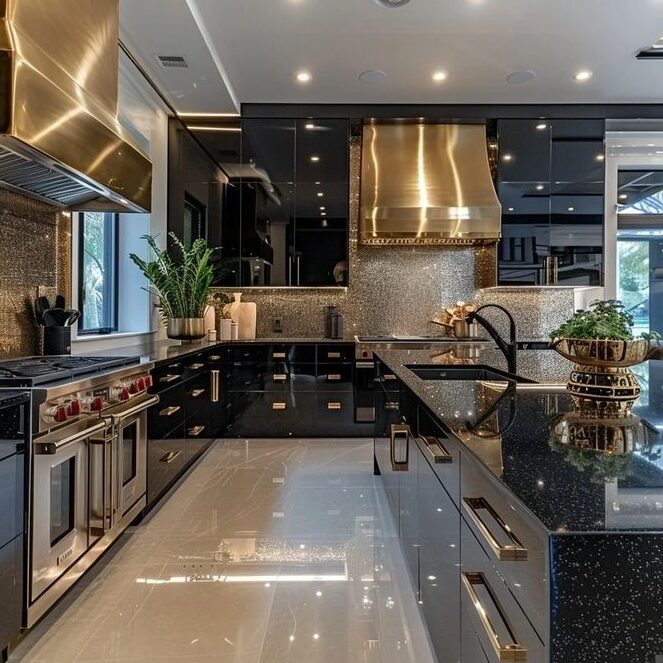 A black and gold kitchen and celling lights 