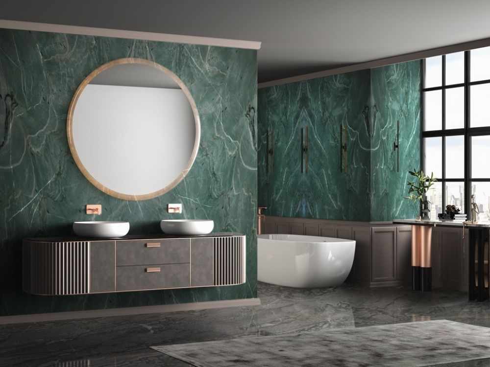 A bathroom with black and grey flooring with white bathtub