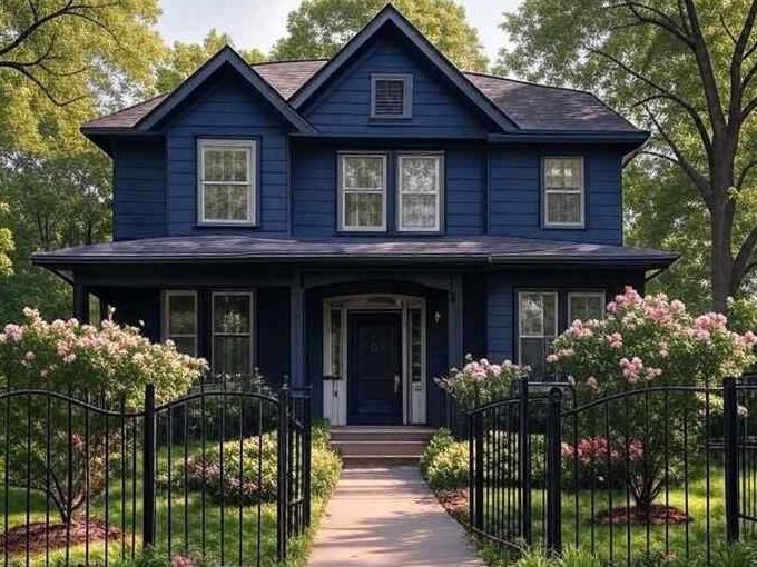 A navy blue house with black fencing