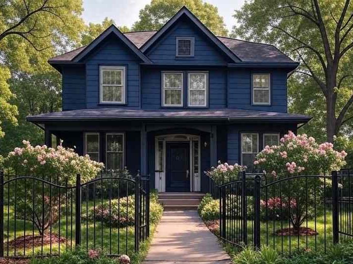 A navy blue house with black trim and black fencing around the house 