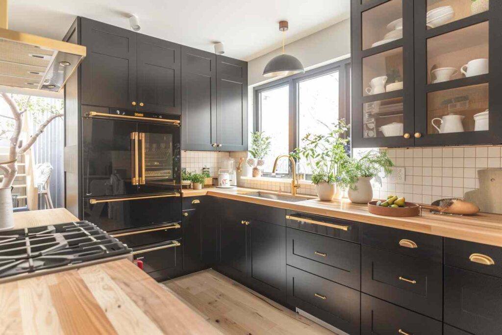 A black cabinet with gold fixture and wooden floor 