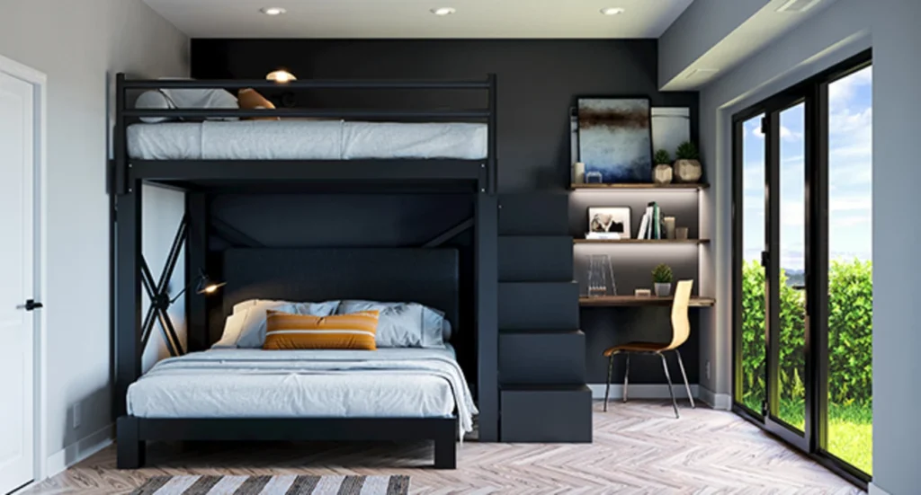 A black loft bed with stair and wooden floor  
