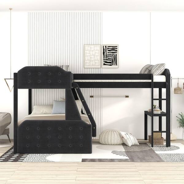 A black loft bed in white bedroom with frames on the wall 