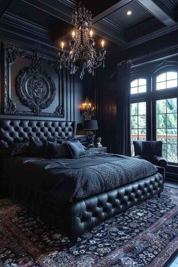 A bedroom with black paneled wall and black bed and blanket with pillow and cushion