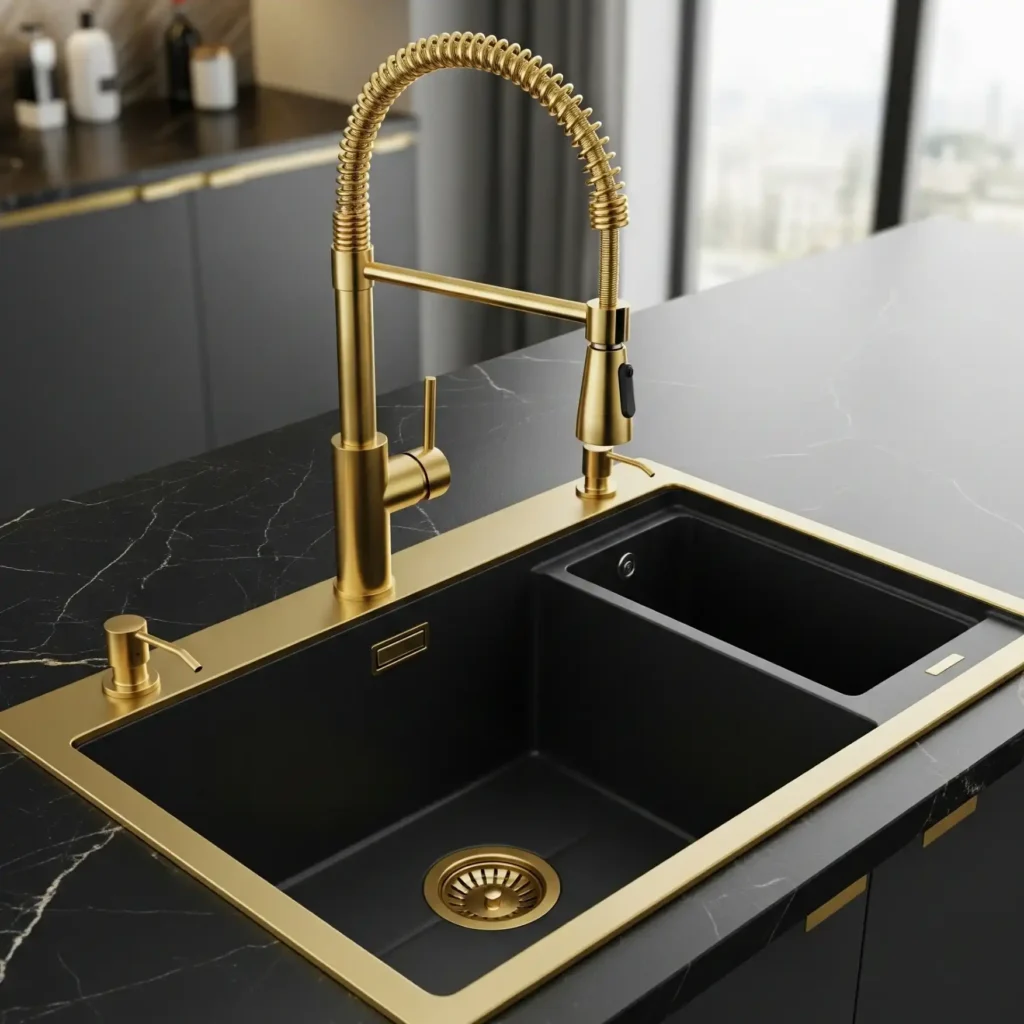 A black sink with gold faucet
