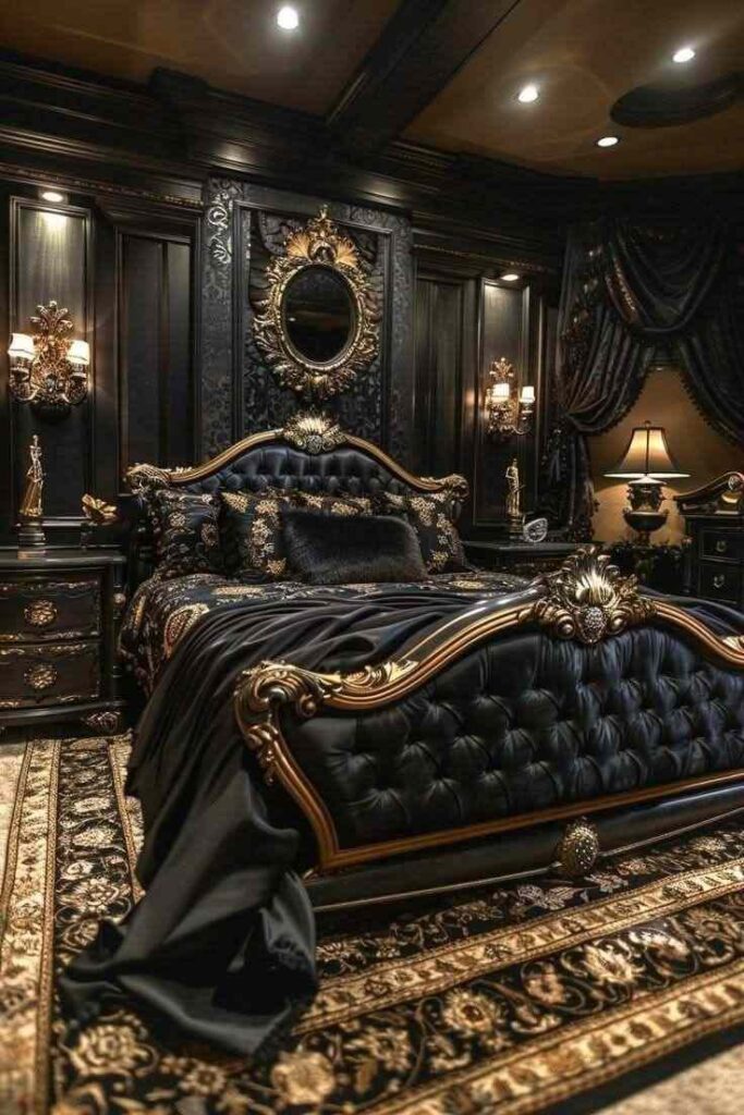 A black with brass fixtures in gothic bedroom and rug on the floor