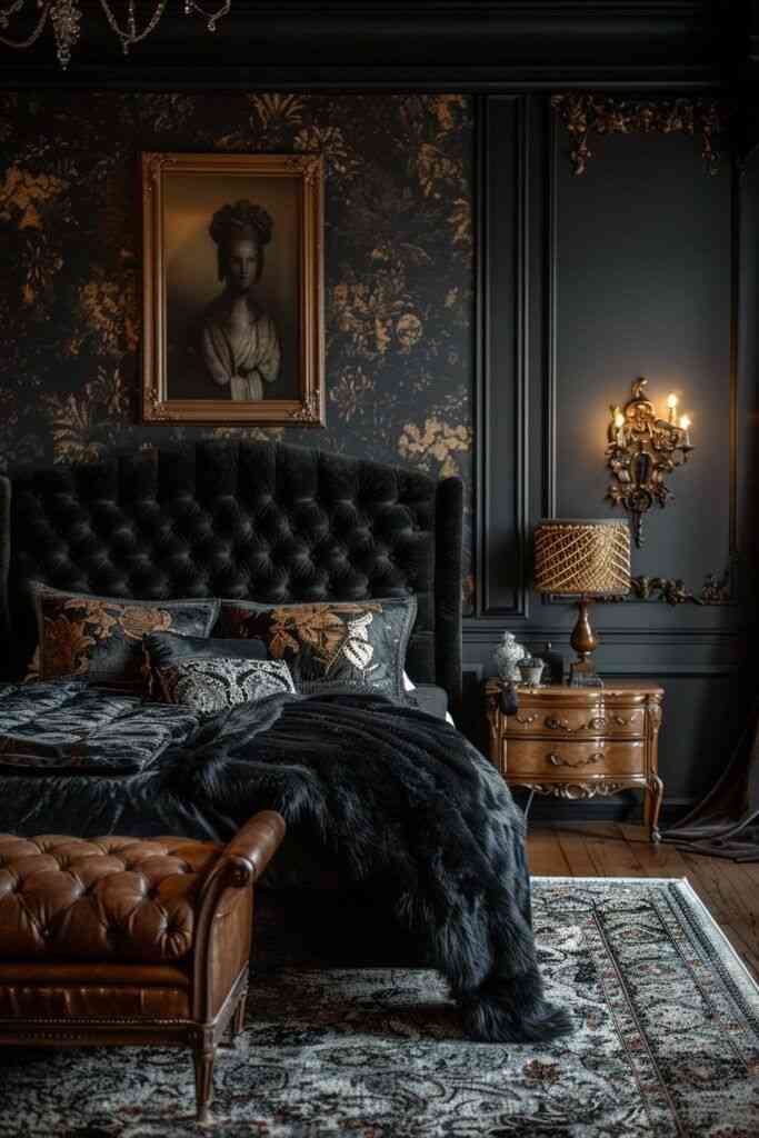A gothic bedroom with wooden floor and rug on it
