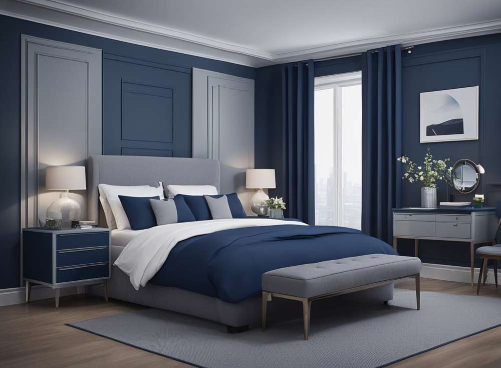 A navy blue and grey bedroom with grey study and nightstand