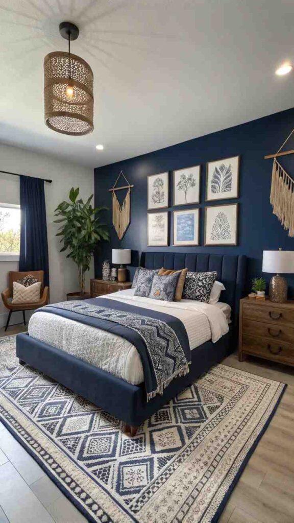 A navy blue bedroom with rug on the floor and windows with wooden chair in the bedroom