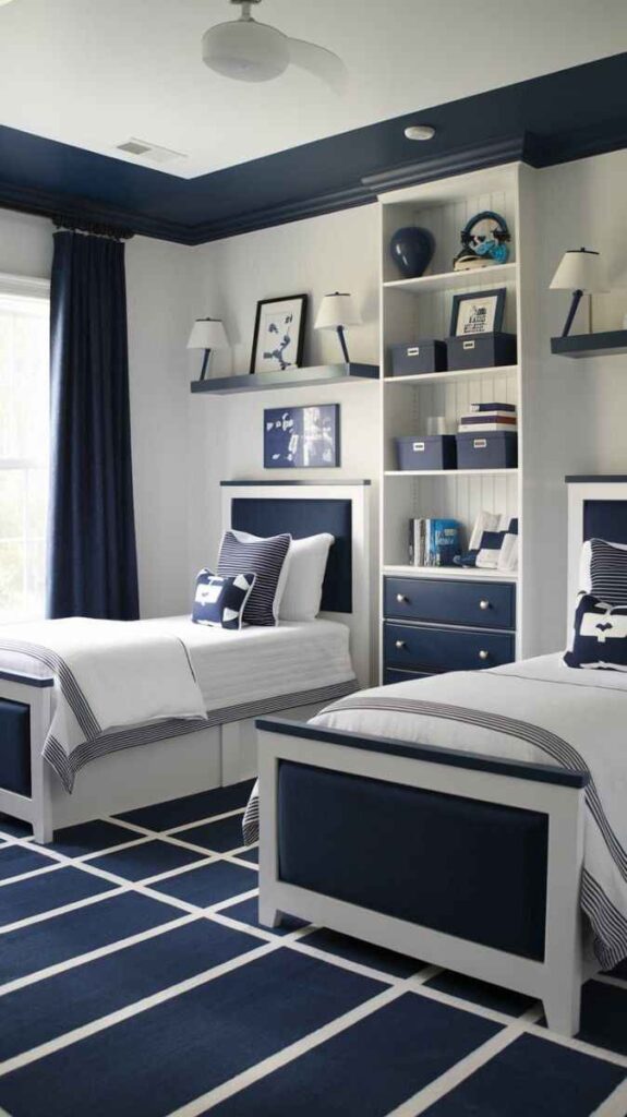 A blue and white and shelves with and drawer