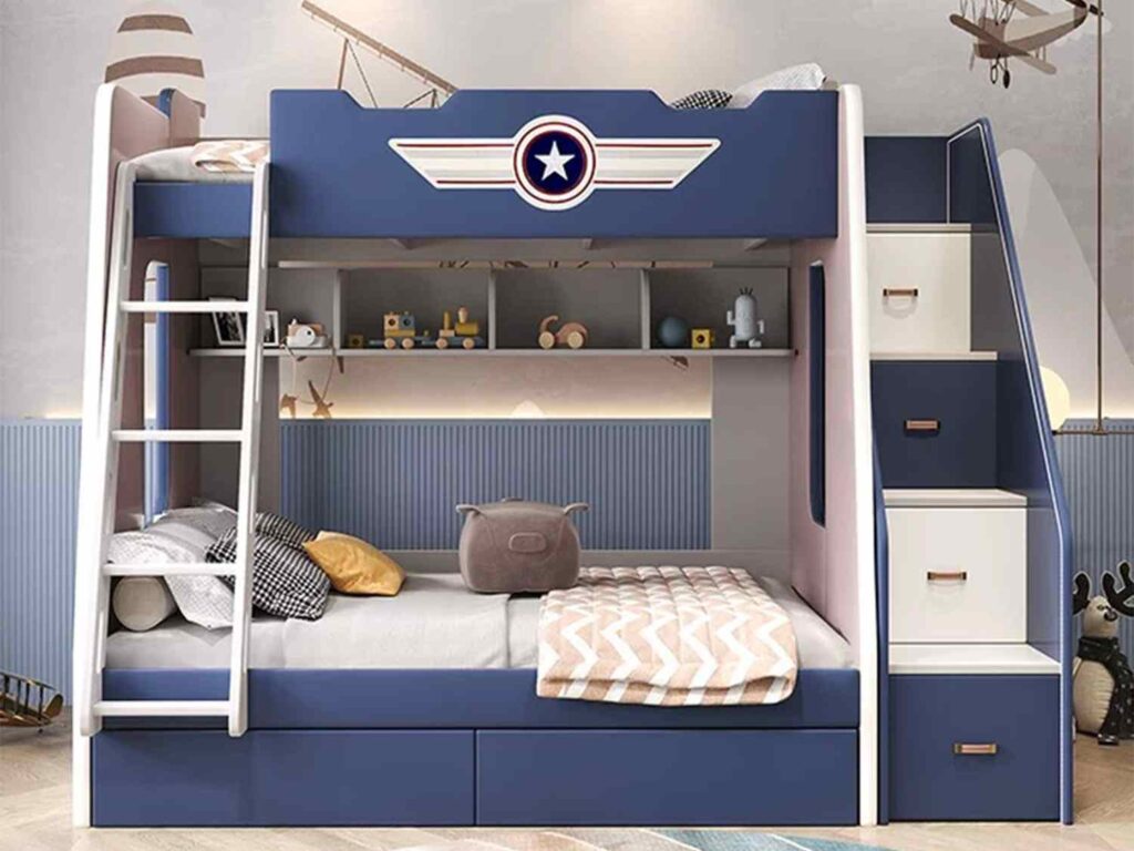 A blue loft bed with white accents and wooden floor