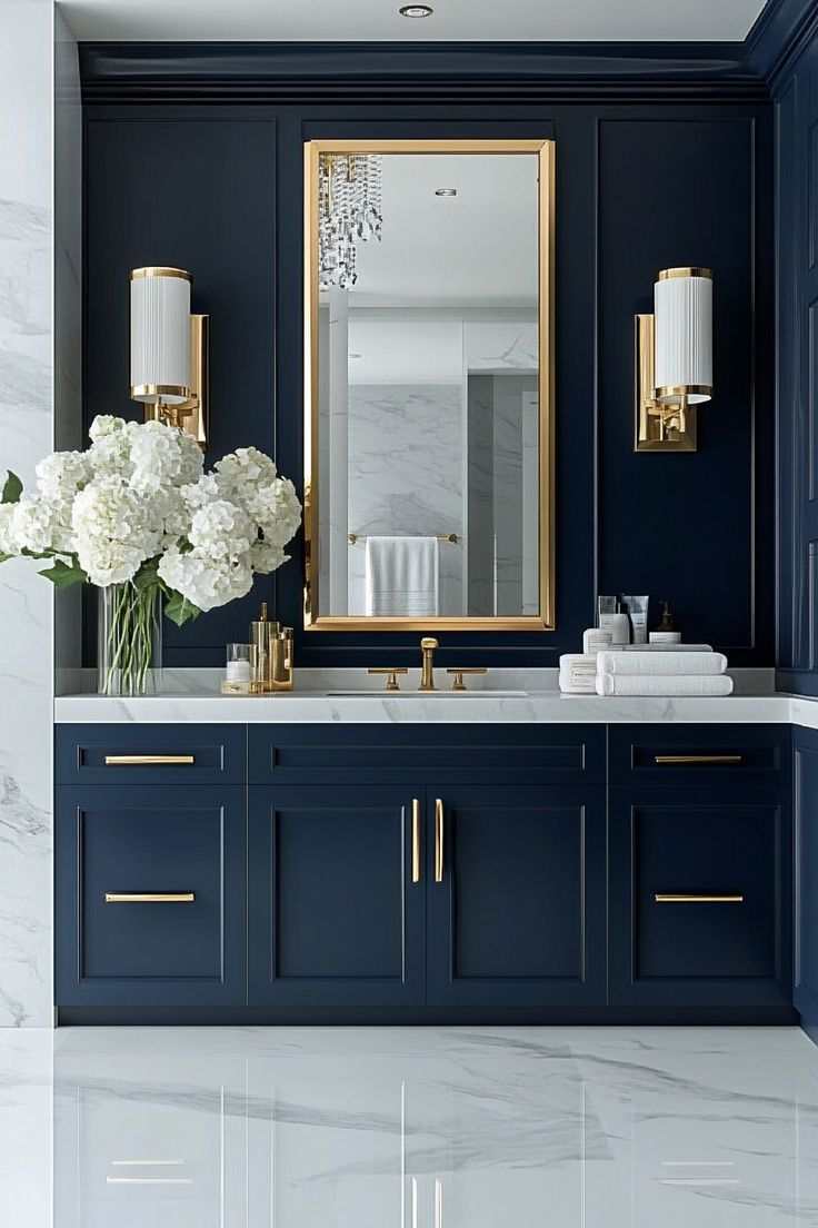 A navy blue vanity with white counter top and white floor 