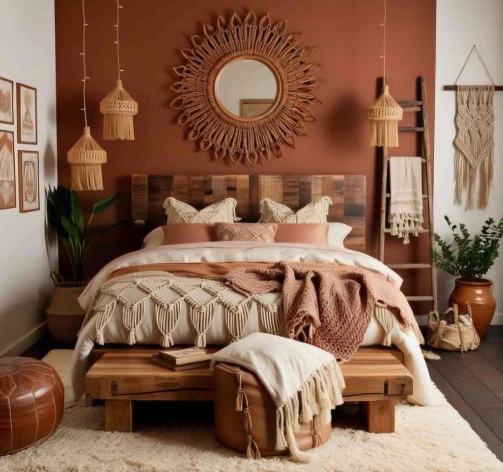 A terracotta bedroom with boho decor and wooden floor