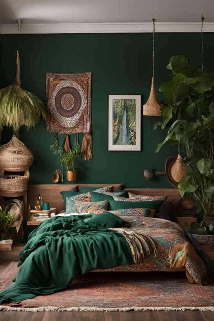 A boho green bedroom with wooden floor and rug on it 