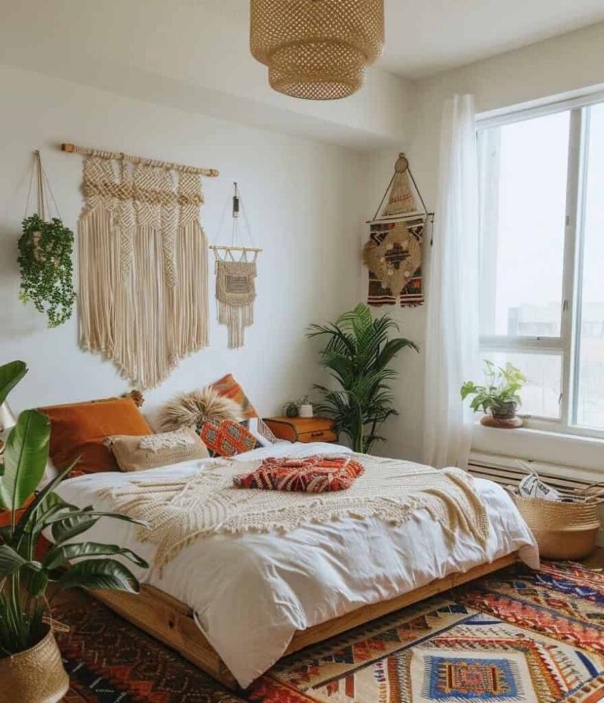 A white bedroom with boho design white windows and curtains