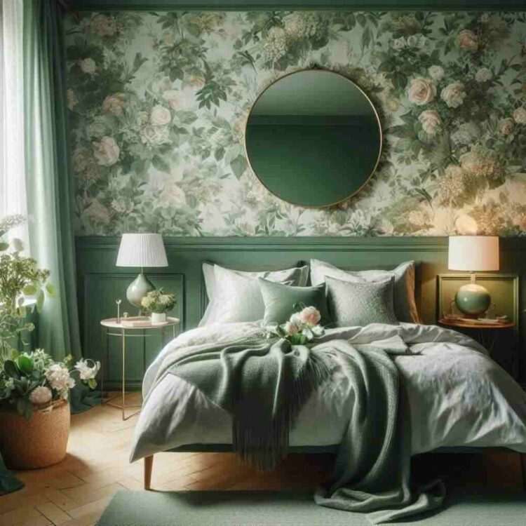A green bedroom with wallpaper wall and lamp on the nightstand 