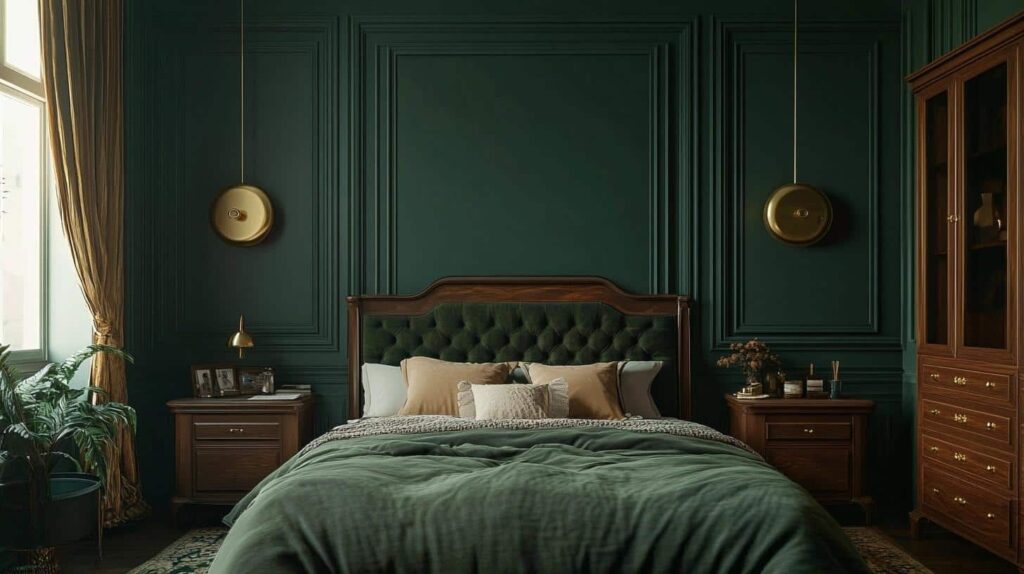 A green bedroom with brass fixture bedroom 