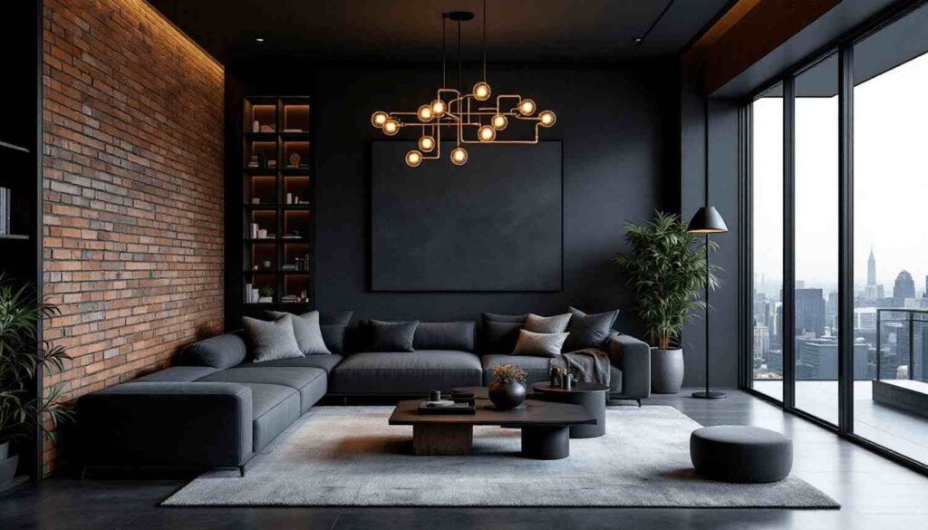A black living room with brick wall and glass windows 