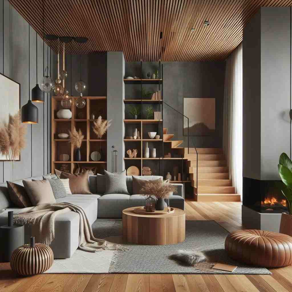 A grey living room with brown display and grey sofa with cushion and throw 