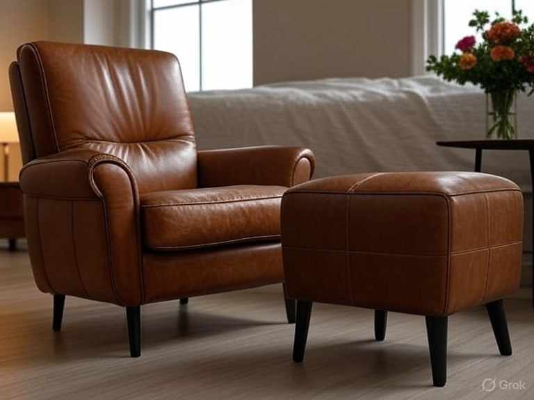 A bedroom with brown leather chair with ottoman