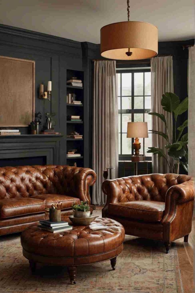 A leather chair and ottoman in the room and windows in the room 
