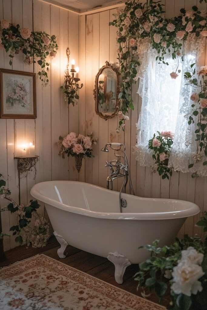 A bathroom with candle on the wall and white bathtub
