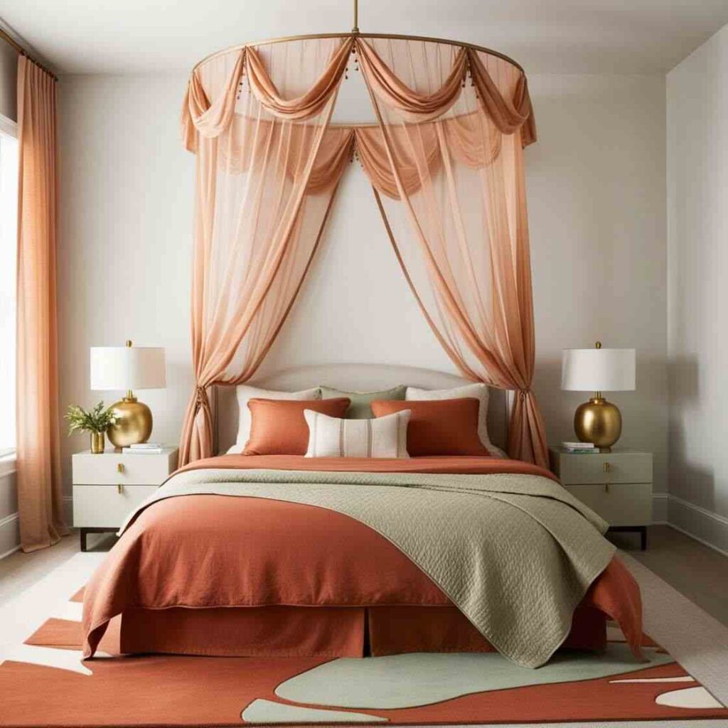 A terracotta bedroom with canopy bed lamp on the nightstand