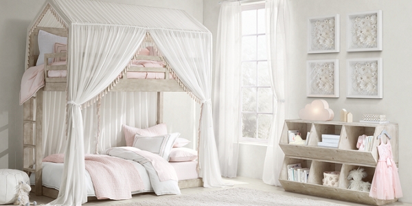 A loft bed with canopy and whit windows and curtains 