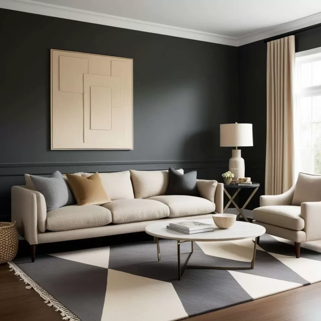 A charcoal living room with beige sofa and table and wooden floor 