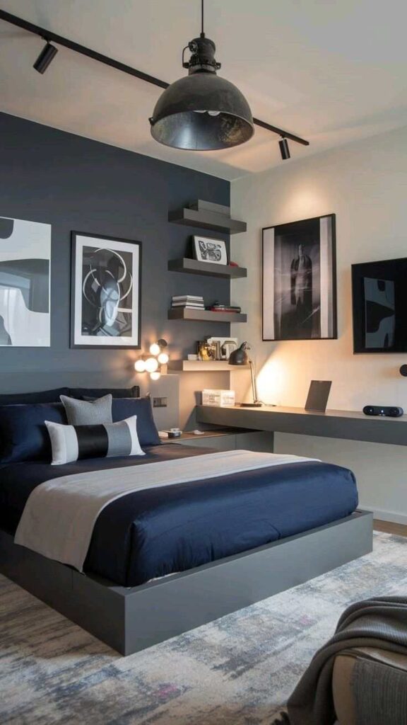A grey bedroom with bed and wooden floor and rug on it