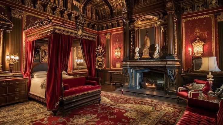 A bedroom with canopy and wooden floor and rug on it and fireplace in the bedroom