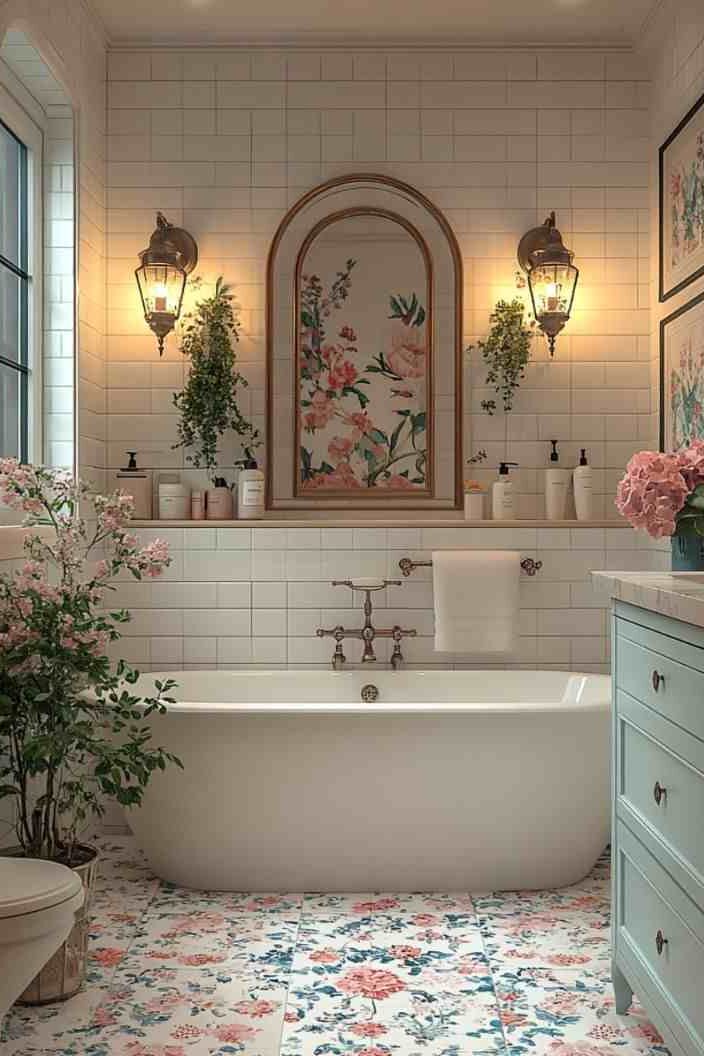 A bathroom with floral tiles and lights on the wall with white bathtub and fixture