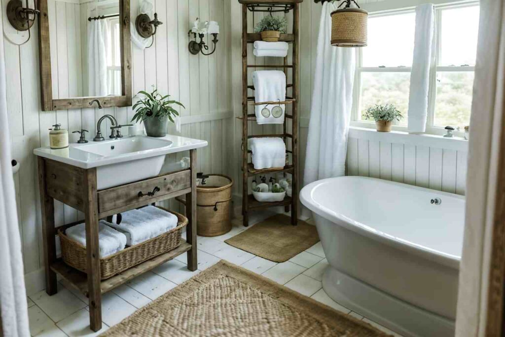 A bathroom with plants and window and white sink and bathtub and white floor