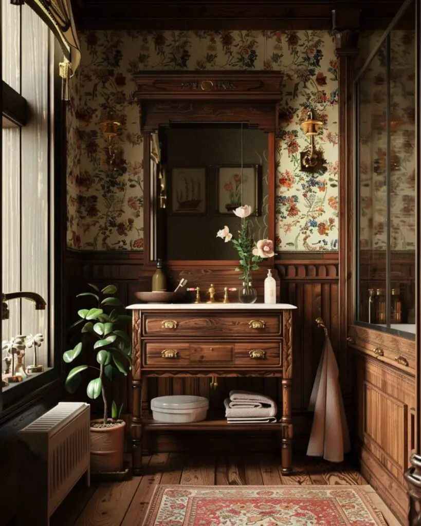 A cottage core bathroom with vintage mirror on the wall