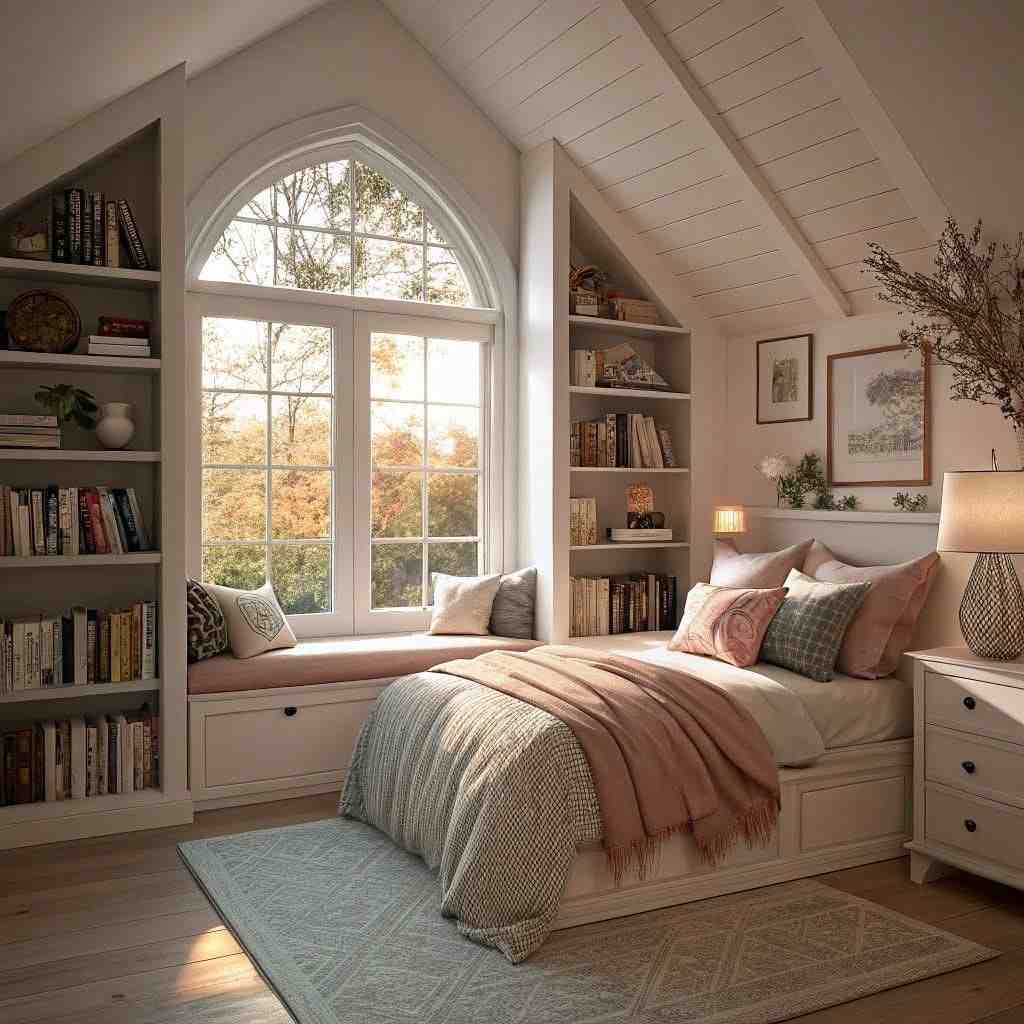 A cozy bedroom with cozy bed nook and windows and book shelves