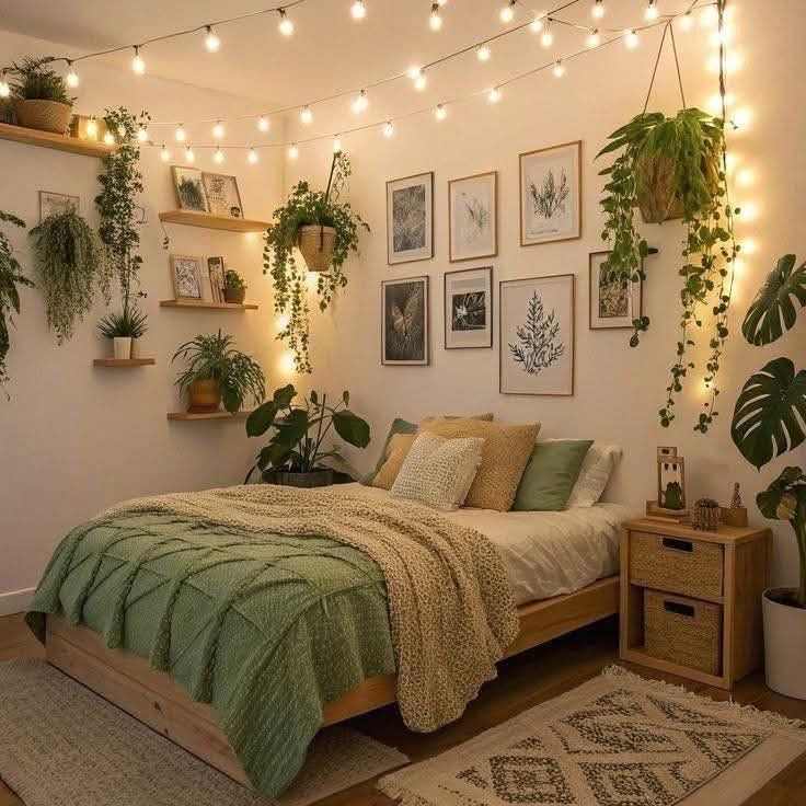 A cozy bedroom with lights and wooden floor and blankets and pillow with cushion on the bed