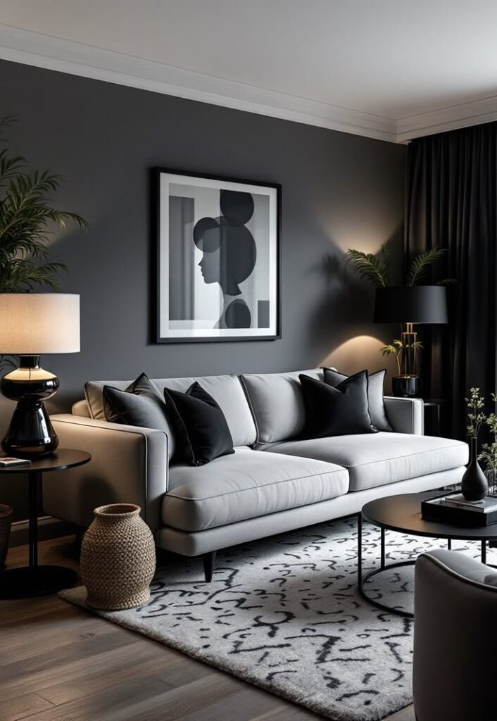 A dark grey living room with grey sofa and wooden floor and rug on it and lamp on the side of sofa 