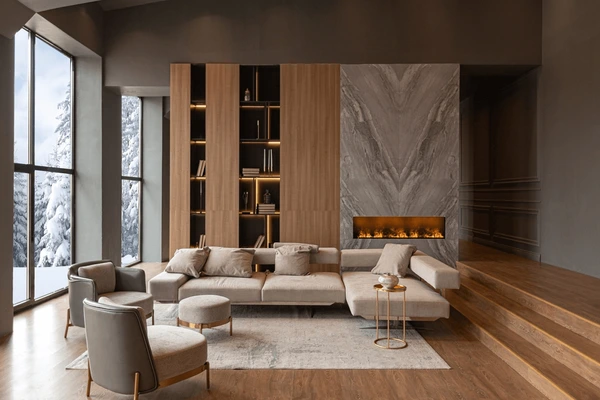 A brown dark and lights with grey sofa and windows and wooden floor 
