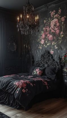 A floral wallpaper in gothic bedroom with bed and floral print bedroom.