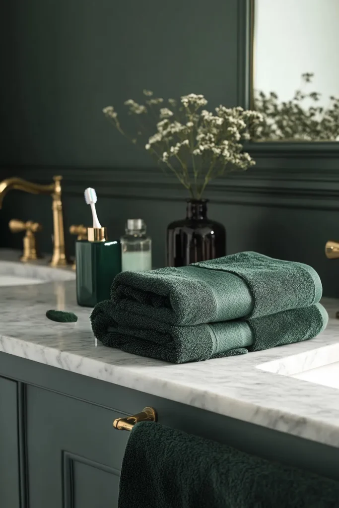 A green bathroom with green accessories and gold fixture
