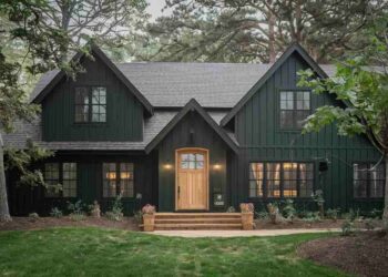 dark green house with black trim