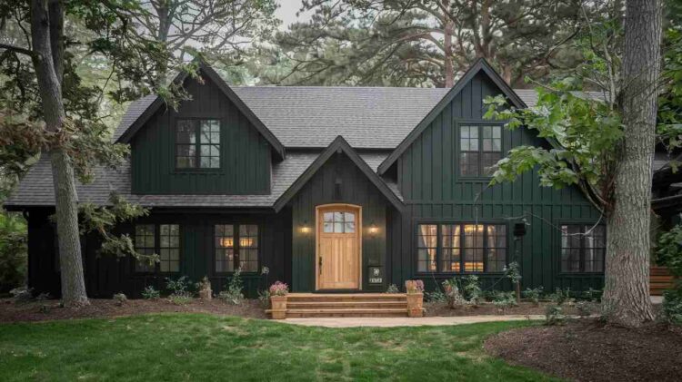 dark green house with black trim