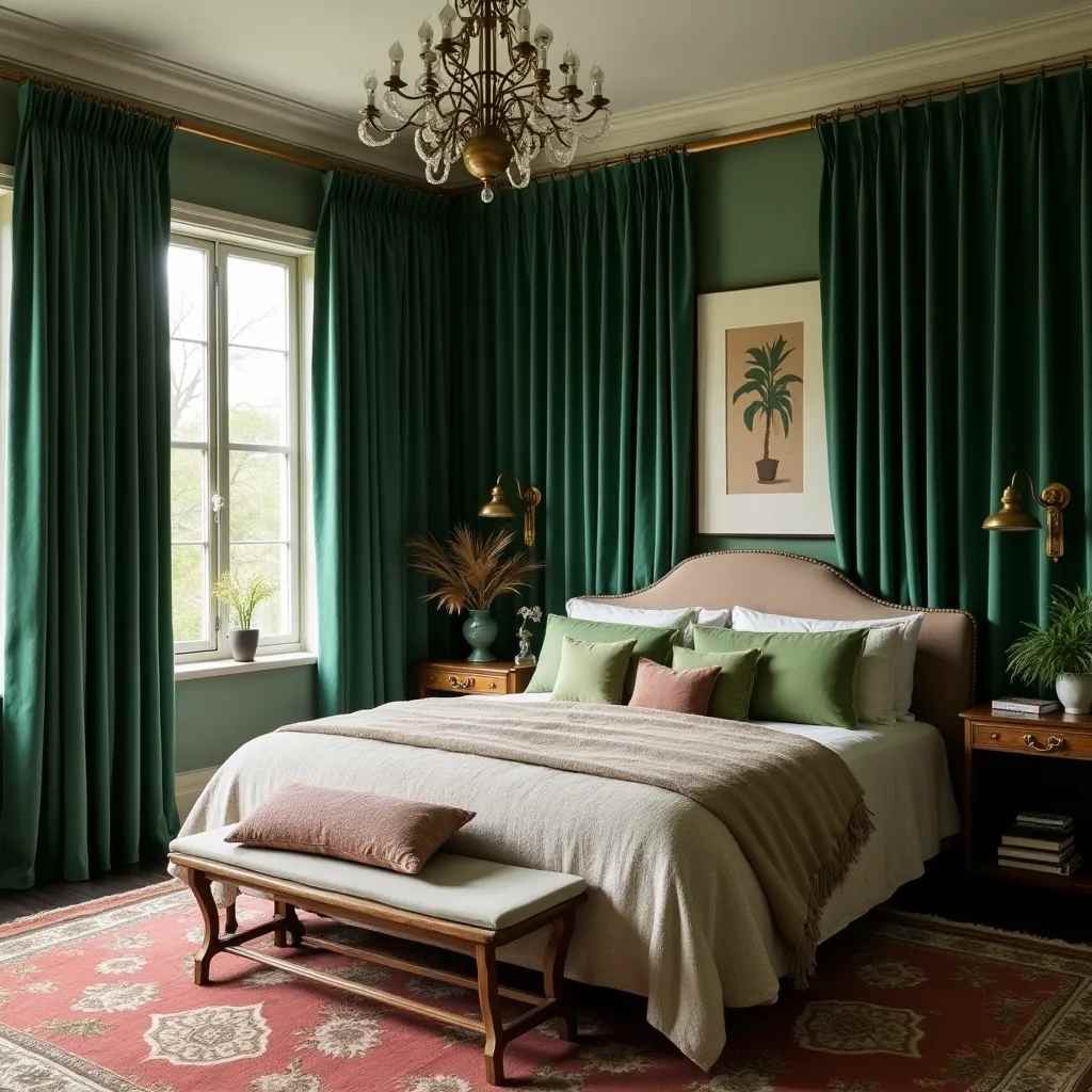 A green bedroom with curtains and frame on the wall 