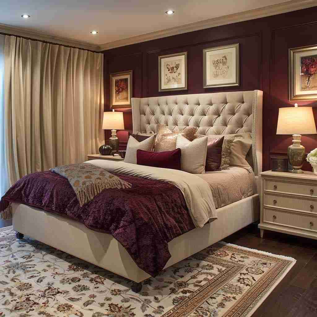 A cozy bedroom with white bedding and frames on the wall and lamp on the nightstand and beige curtains