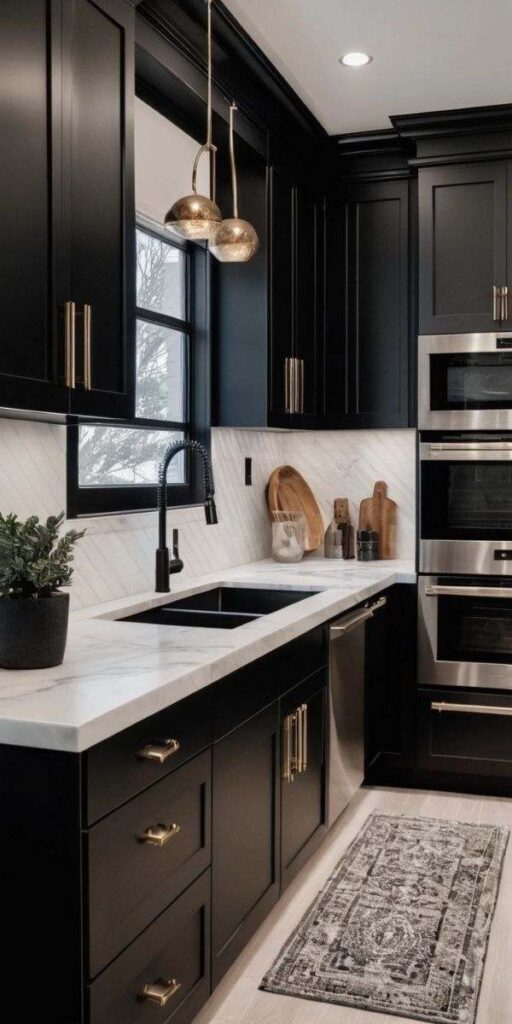 A black kitchen with black double sink an wooden floor and mat on it 