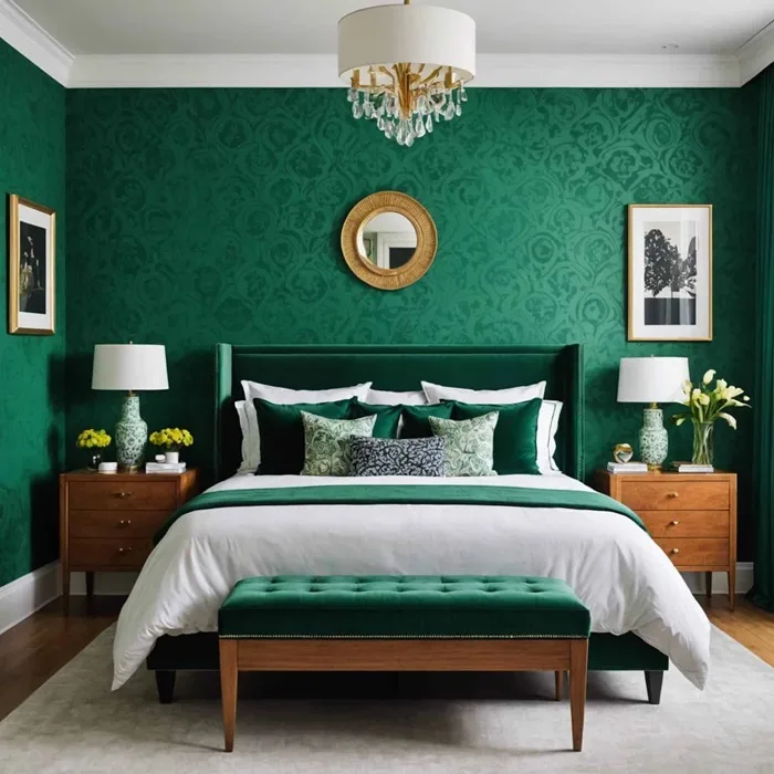 A accent wall in green bedroom with green bed ad white blanket and pillow and cushion