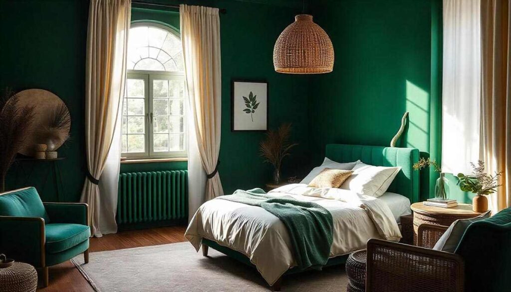 A emerald green retreat bedroom with windows with curtain and chair 