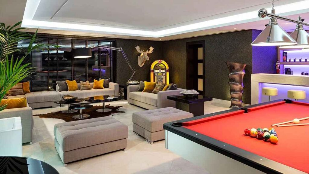 A living room with pool and white floor and sofa and table 