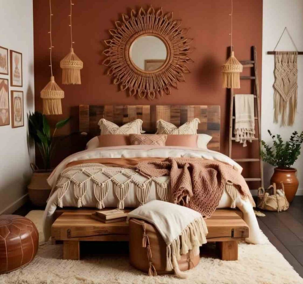 A terracotta bedroom with wooden bed an pot on the side