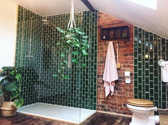 A green and brick wall and wooden floor and glass door